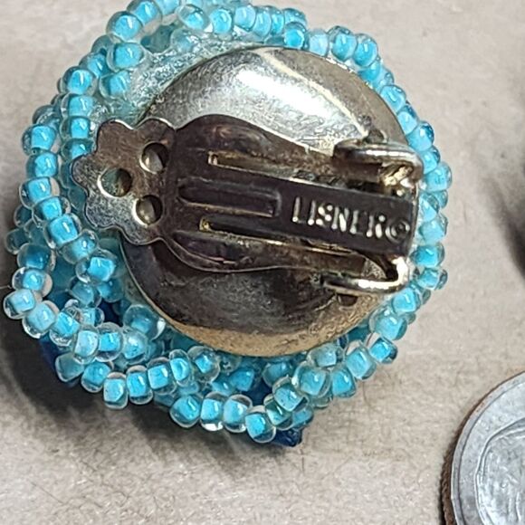 Lisner 1960's Turquoise-Blue Beaded Clip Earrings - Picture 7 of 12